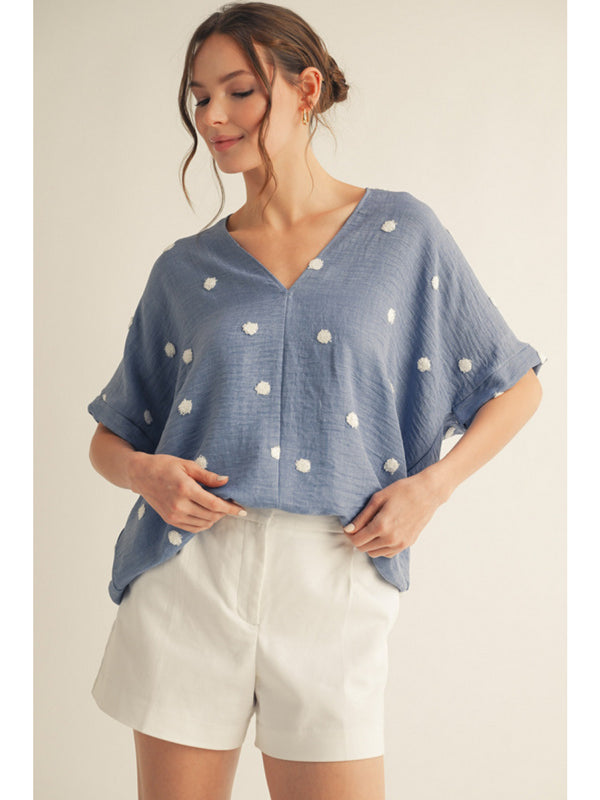 Embroidered Polka Dot V-Neck Top