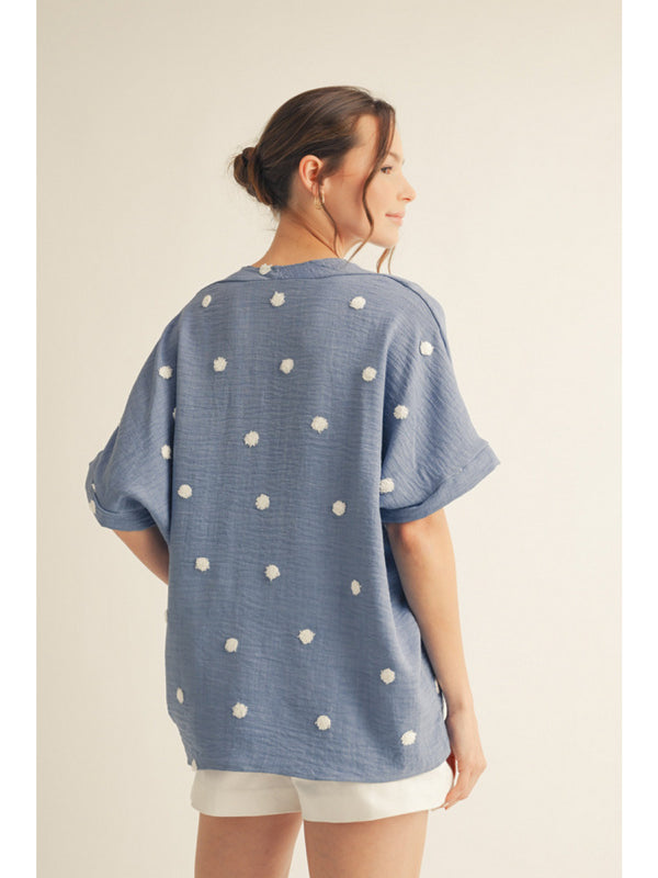 Embroidered Polka Dot V-Neck Top