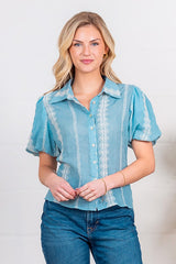 Balloon Short Sleeve Button Down Top