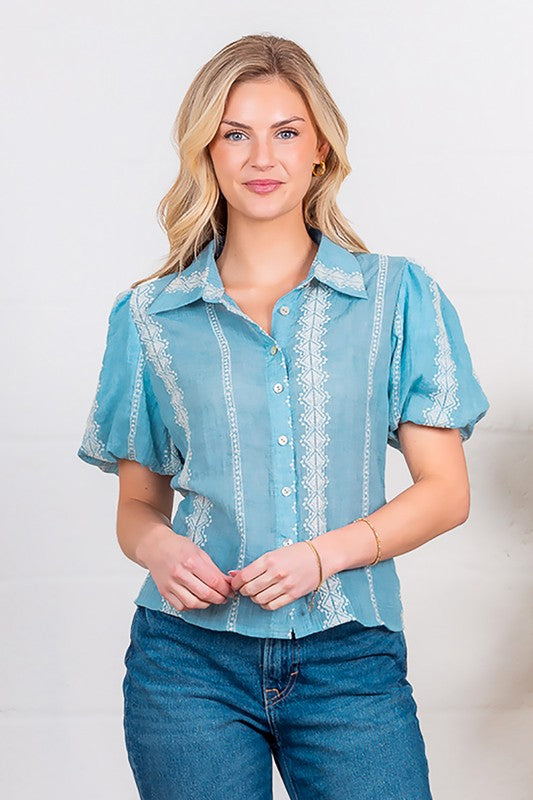 Balloon Short Sleeve Button Down Top