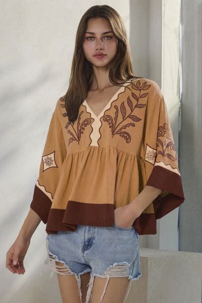 Embroidered Plunge V-Neck Top