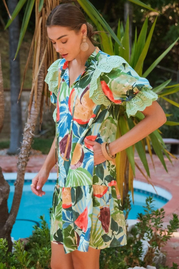 Tropical Ruffle Lace Mini Dress