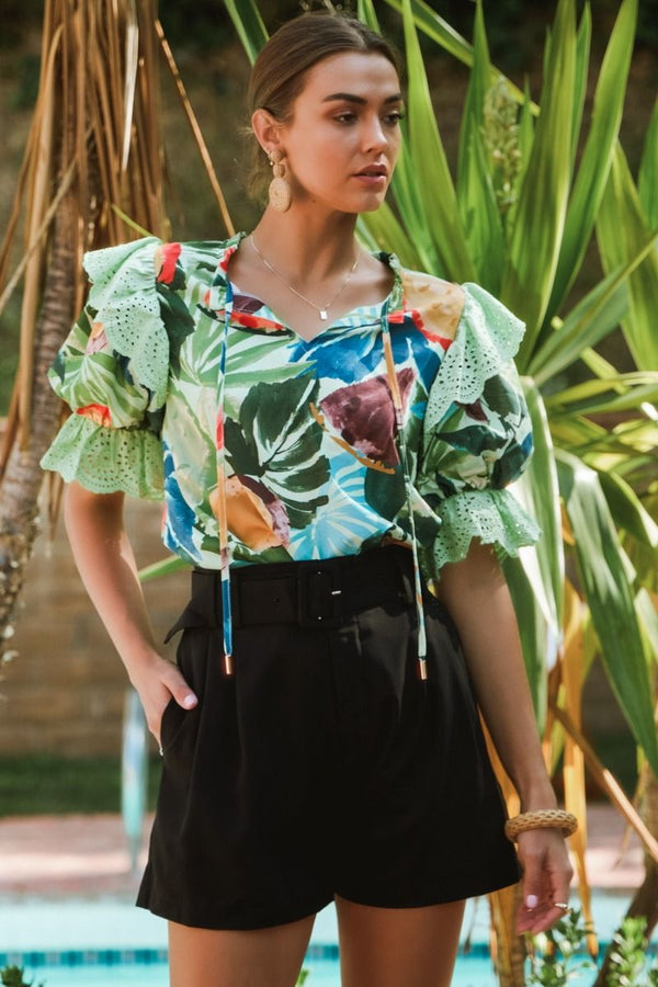 Tropical Ruffle Lace Blouse