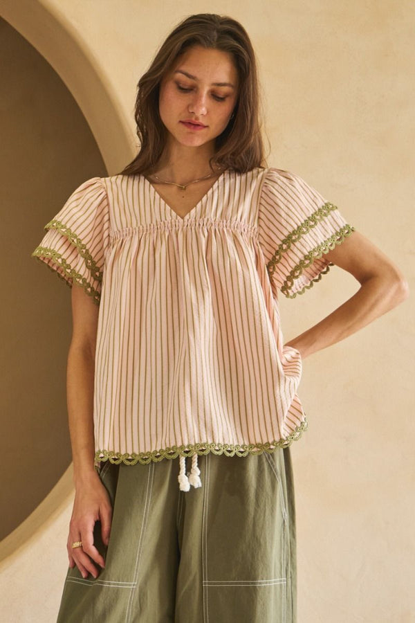 Textured Striped Flutter Sleeve Top with Ribbon Lace Trim