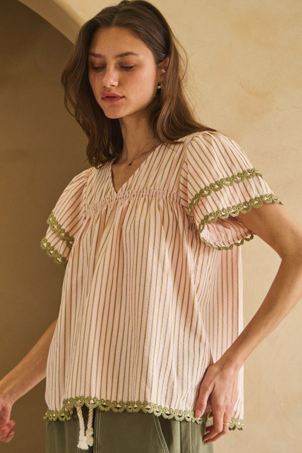 Textured Striped Flutter Sleeve Top with Ribbon Lace Trim