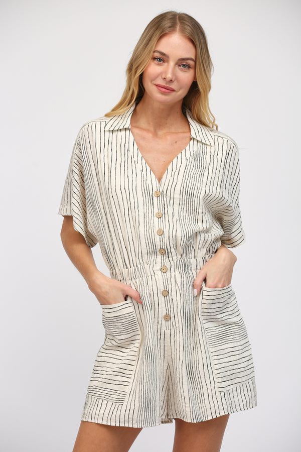 STRIPE COLLAR BUTTON ROMPER SHORTS