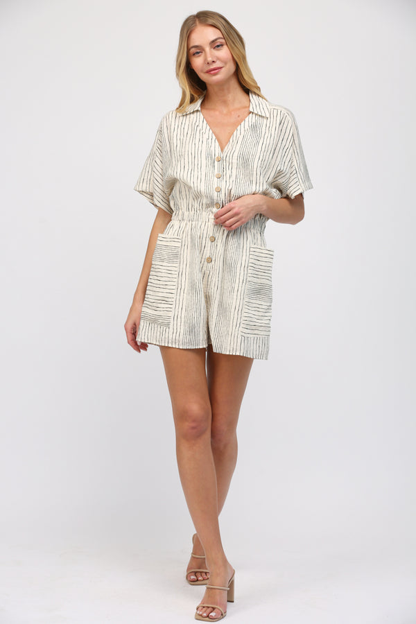 STRIPE COLLAR BUTTON ROMPER SHORTS