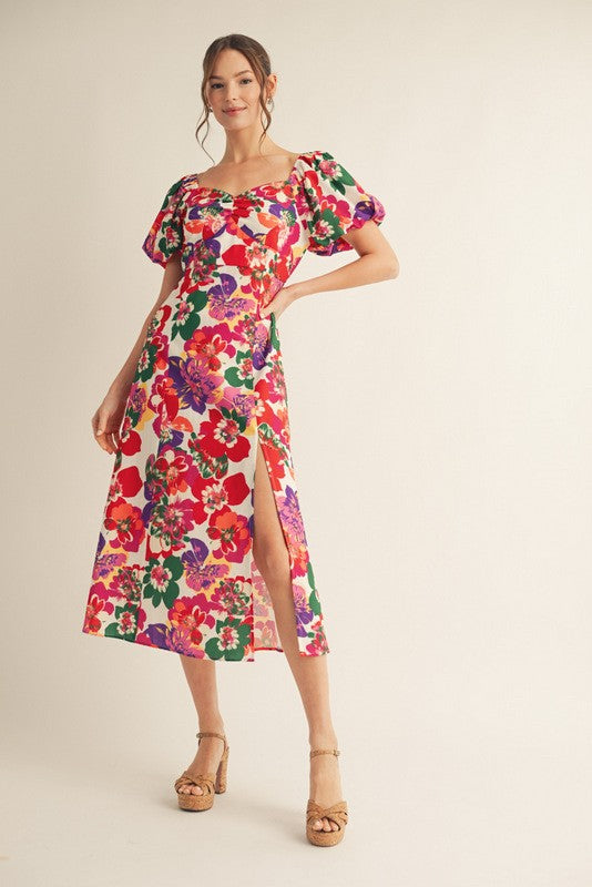 Long Floral Puff Sleeve Dress