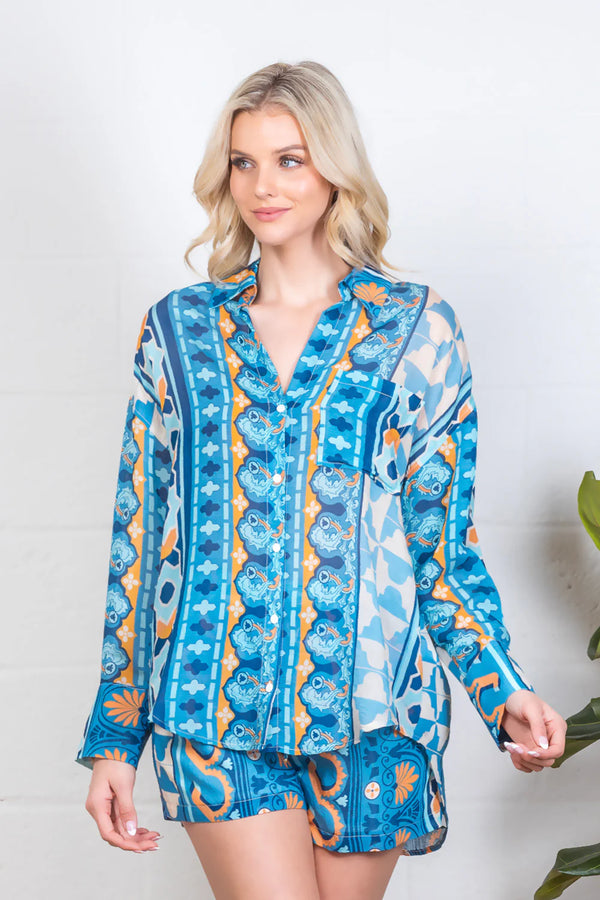 PRINTED CRINKLE GAUZE LONG SLEEVE TOP