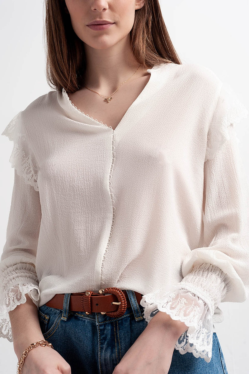 Q2|Long Cuff Sleeve Blouse-Oyster
