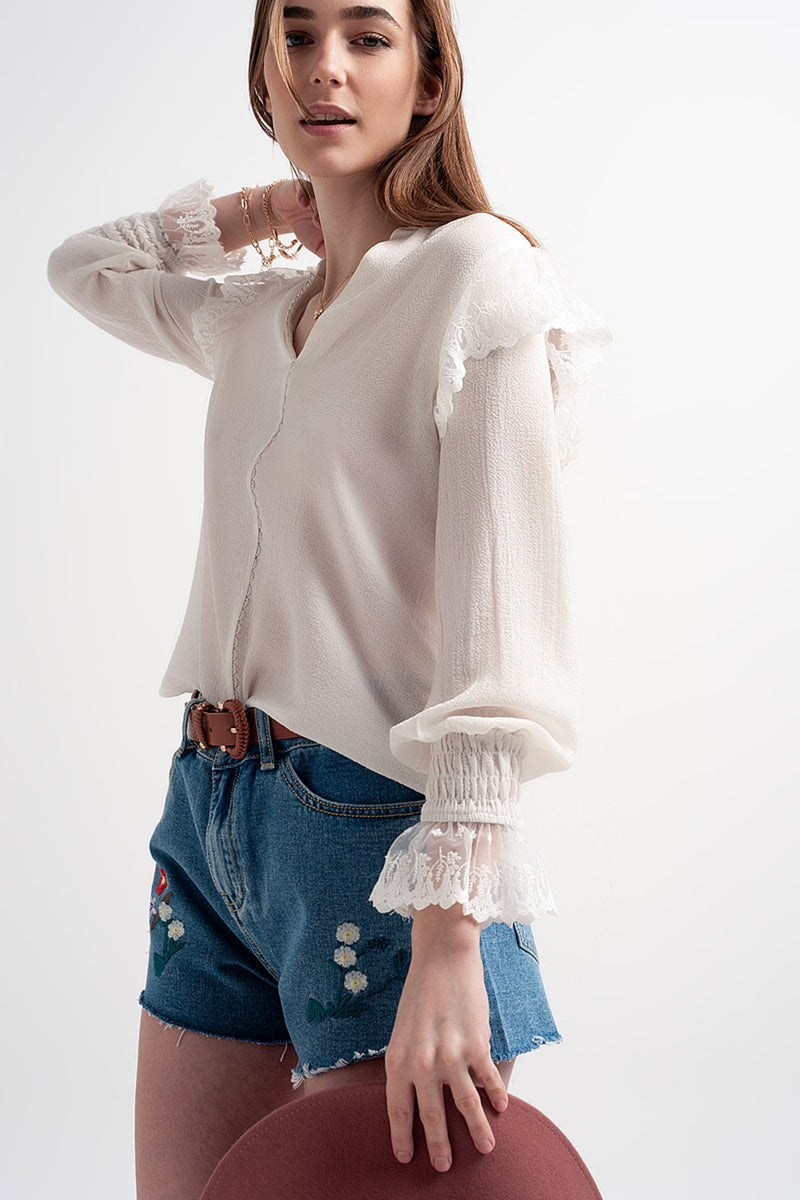 Q2|Long Cuff Sleeve Blouse-Oyster