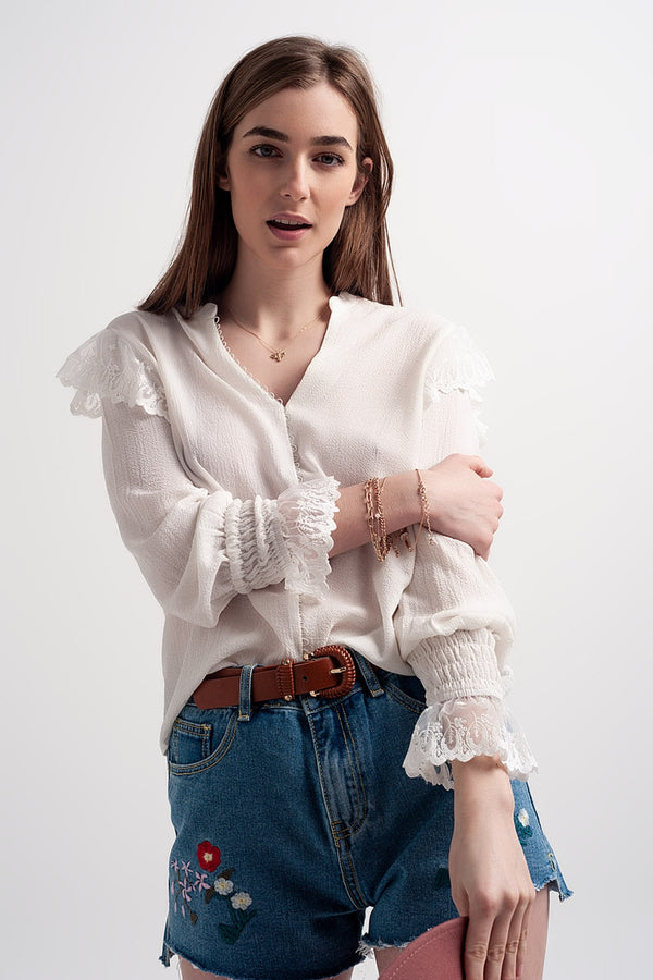 Q2|Long Cuff Sleeve Blouse-Oyster